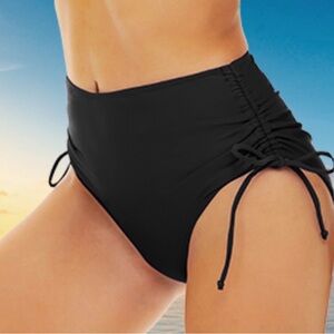 Live Love Beach Elegant Black High Waisted Ruched side Drawstring Bikini Bottom